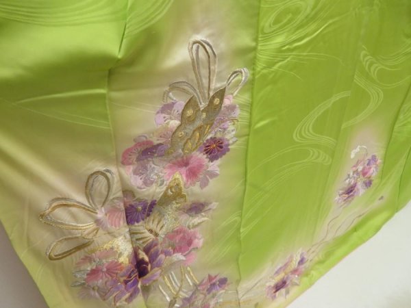 Photo3: 5709T12z1110 Vintage Japanese Kimono Silk FURISODE Peony Yellow green (3)