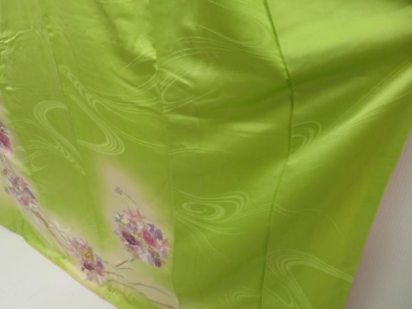 Photo4: 5709T12z1110 Vintage Japanese Kimono Silk FURISODE Peony Yellow green (4)