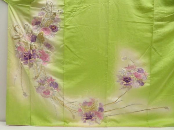 Photo5: 5709T12z1110 Vintage Japanese Kimono Silk FURISODE Peony Yellow green (5)