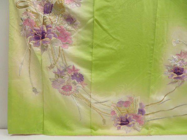 Photo6: 5709T12z1110 Vintage Japanese Kimono Silk FURISODE Peony Yellow green (6)