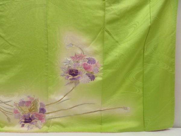Photo7: 5709T12z1110 Vintage Japanese Kimono Silk FURISODE Peony Yellow green (7)