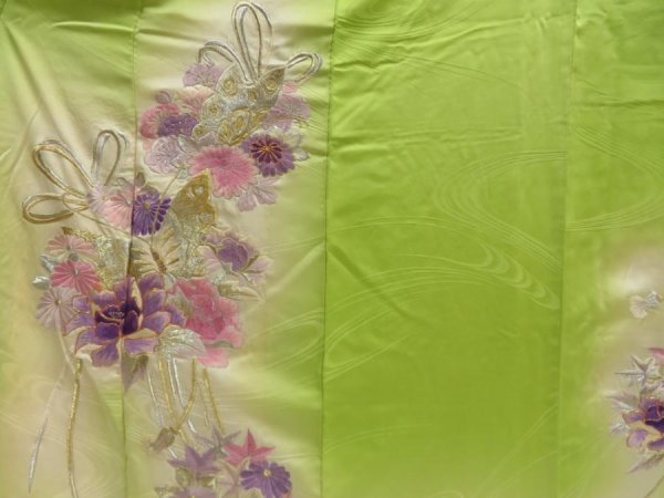 Photo8: 5709T12z1110 Vintage Japanese Kimono Silk FURISODE Peony Yellow green (8)