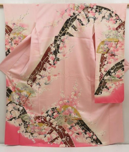 Photo1: 5709T13z1110 Vintage Japanese Kimono Silk FURISODE Flowers Pink (1)