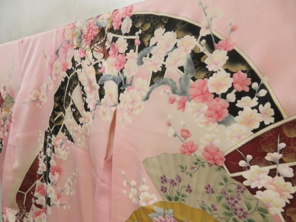 Photo2: 5709T13z1110 Vintage Japanese Kimono Silk FURISODE Flowers Pink (2)