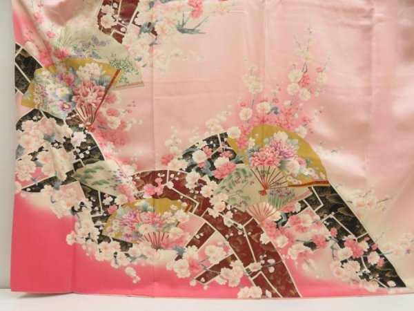 Photo3: 5709T13z1110 Vintage Japanese Kimono Silk FURISODE Flowers Pink (3)