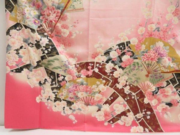 Photo4: 5709T13z1110 Vintage Japanese Kimono Silk FURISODE Flowers Pink (4)