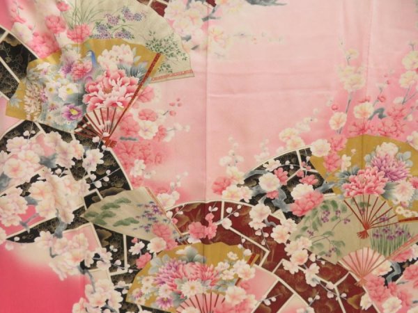 Photo6: 5709T13z1110 Vintage Japanese Kimono Silk FURISODE Flowers Pink (6)