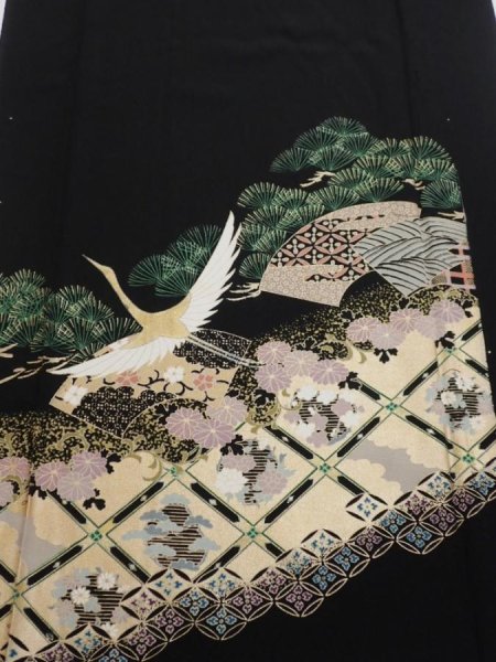 Photo1: 2A01z100  Japanese Kimono Silk  FABRIC Crane Black 67.7x15.0 (1)