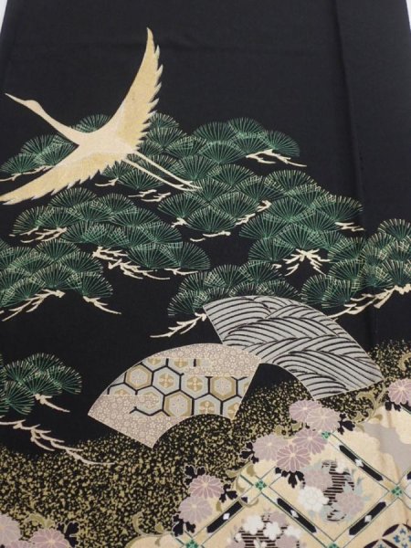 Photo1: 2A02z100  Japanese Kimono Silk  FABRIC Crane Black 67.7x15.0 (1)