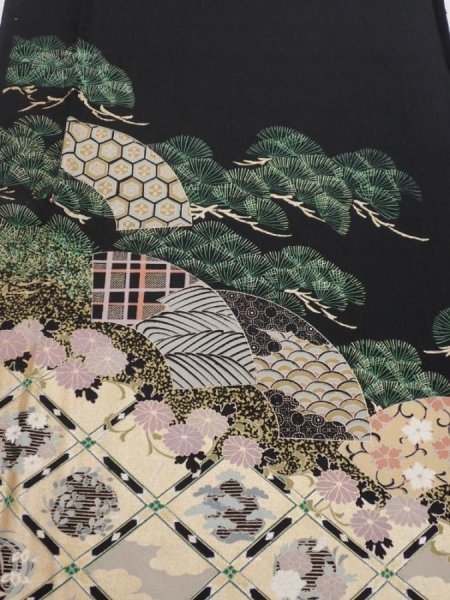 Photo1: 2A03z100  Japanese Kimono Silk  FABRIC Pine Black 67.7x15.0 (1)