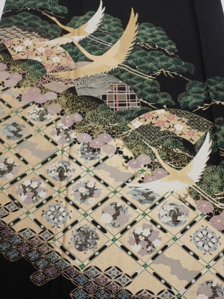 Photo1: 2A04z150  Japanese Kimono Silk  FABRIC Crane Black 58.7x19.3 (1)