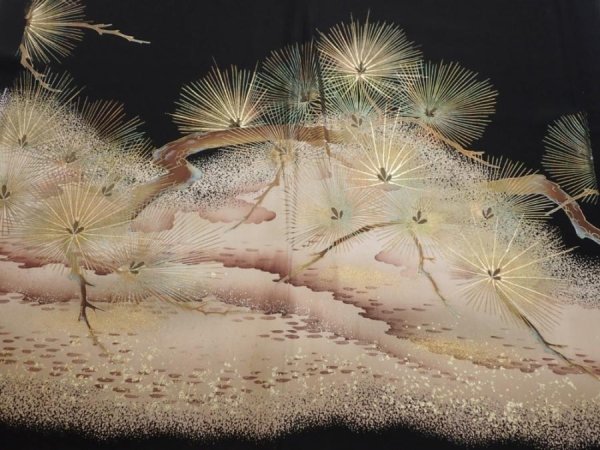 Photo2: 2A02z190  Japanese Kimono Silk  FABRIC Pine Black 63.0x28.3 (2)