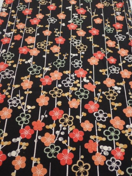 Photo1: 2A01z70  Japanese Kimono Silk  FABRIC Plum blossom Black 47.2x14.2 (1)