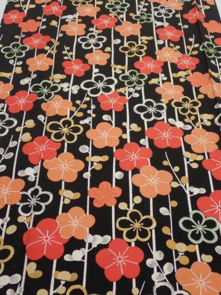 Photo1: 2A03z90  Japanese Kimono Silk  FABRIC Plum blossom Black 66.5x14.2 (1)