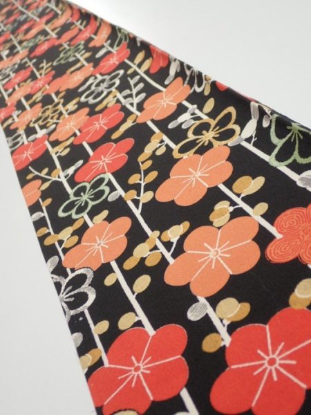 Photo1: 2A07z40  Japanese Kimono Silk  FABRIC Plum blossom Black 58.3x7.1 (1)