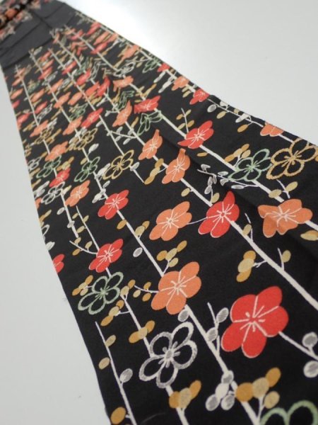 Photo1: 2A09z50  Japanese Kimono Silk  FABRIC Plum blossom Black 79.9x6.9 (1)