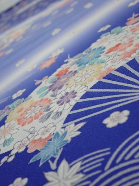 Photo4: 1K01z60  Japanese Kimono Silk  FABRIC Flowers Blue 40.2x14.8 (4)