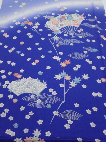 Photo1: 1K02z60  Japanese Kimono Silk  FABRIC Flowers Blue 40.2x14.8 (1)