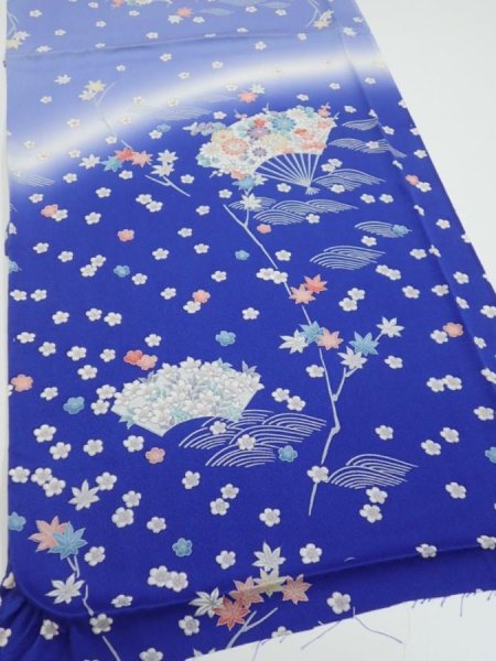 Photo2: 1K02z60  Japanese Kimono Silk  FABRIC Flowers Blue 40.2x14.8 (2)