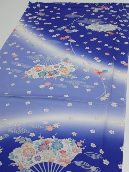 Photo3: 1K02z60  Japanese Kimono Silk  FABRIC Flowers Blue 40.2x14.8 (3)
