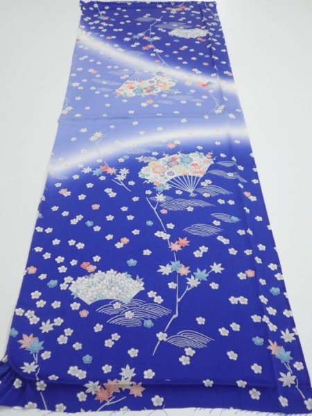Photo5: 1K02z60  Japanese Kimono Silk  FABRIC Flowers Blue 40.2x14.8 (5)