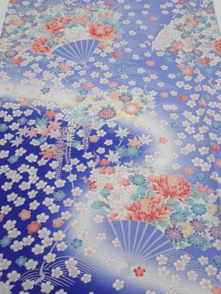 Photo1: 1K03z90  Japanese Kimono Silk  FABRIC Flowers Blue 65.0x14.8 (1)