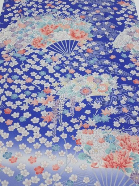 Photo1: 1K05z90  Japanese Kimono Silk  FABRIC Flowers Blue 64.6x14.8 (1)