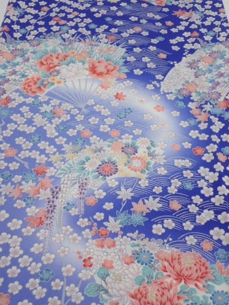 Photo1: 1K06z90  Japanese Kimono Silk  FABRIC Flowers Blue 65.0x14.8 (1)