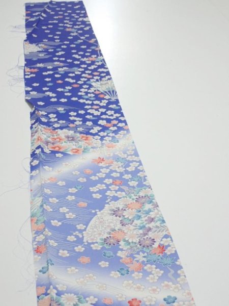 Photo3: 1K07z40  Japanese Kimono Silk  FABRIC Flowers Blue 57.5x7.5 (3)