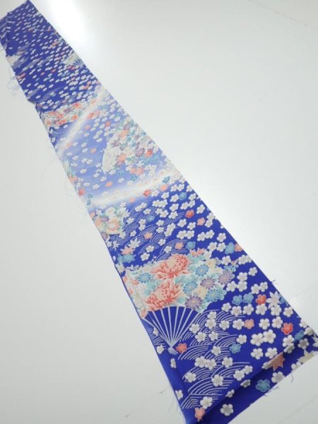 Photo5: 1K07z40  Japanese Kimono Silk  FABRIC Flowers Blue 57.5x7.5 (5)