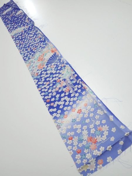 Photo5: 1K08z40  Japanese Kimono Silk  FABRIC Flowers Blue 58.3x7.3 (5)