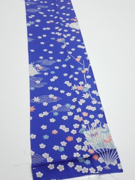 Photo3: 1K09z60  Japanese Kimono Silk  FABRIC Flowers Blue 79.9x7.3 (3)