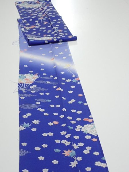 Photo4: 1K09z60  Japanese Kimono Silk  FABRIC Flowers Blue 79.9x7.3 (4)
