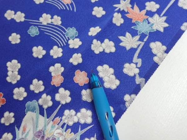 Photo6: 1K09z60  Japanese Kimono Silk  FABRIC Flowers Blue 79.9x7.3 (6)