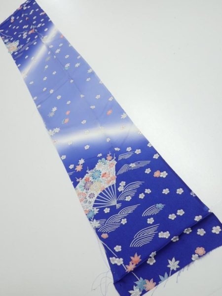 Photo1: 1K10z30  Japanese Kimono Silk  FABRIC Flowers Blue 39.8x7.3 (1)