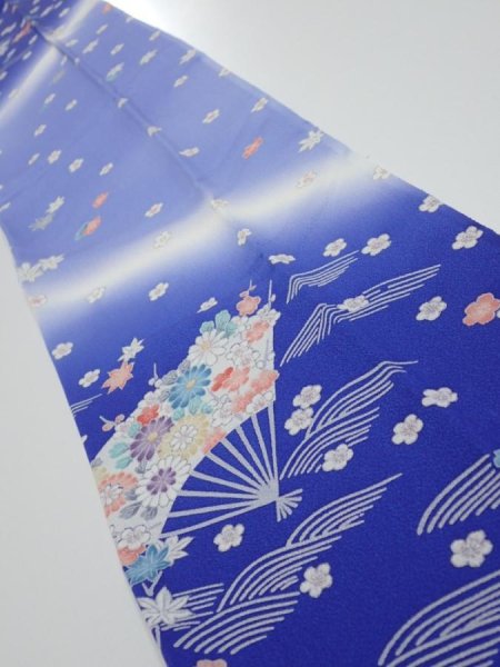 Photo2: 1K10z30  Japanese Kimono Silk  FABRIC Flowers Blue 39.8x7.3 (2)