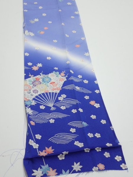 Photo3: 1K10z30  Japanese Kimono Silk  FABRIC Flowers Blue 39.8x7.3 (3)