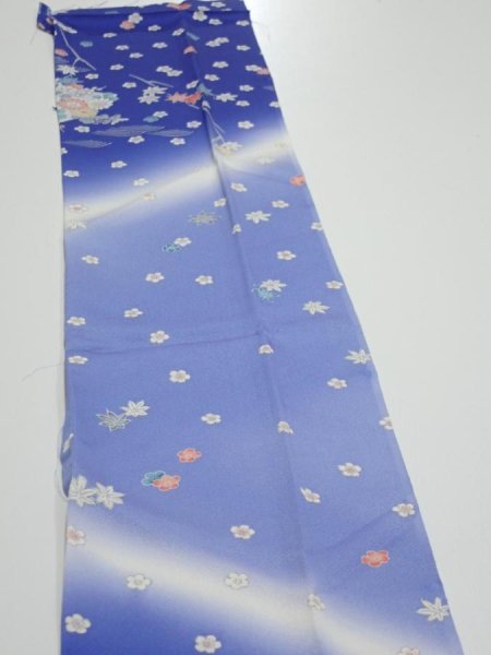 Photo4: 1K10z30  Japanese Kimono Silk  FABRIC Flowers Blue 39.8x7.3 (4)