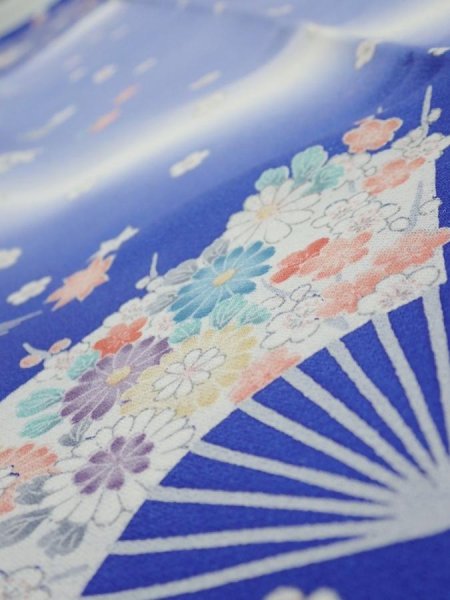 Photo5: 1K10z30  Japanese Kimono Silk  FABRIC Flowers Blue 39.8x7.3 (5)