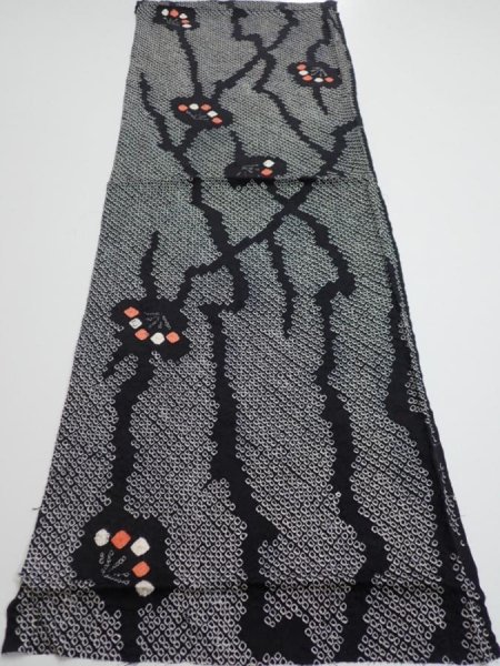 Photo1: 1K01z50  Japanese Kimono Silk SHIBORI FABRIC Plum branch Black 42.5x14.6 (1)