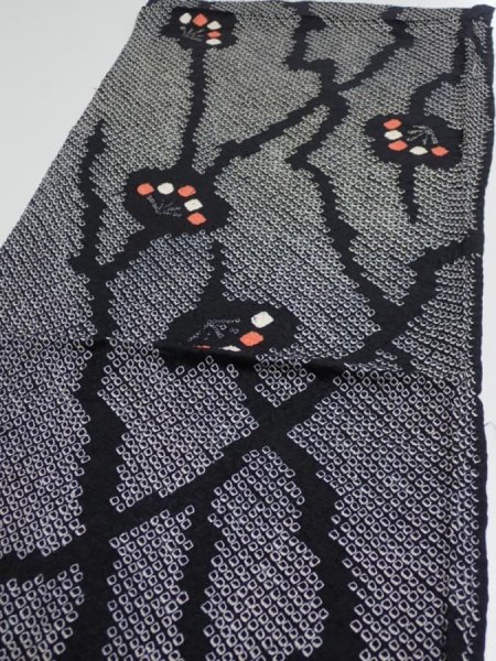 Photo3: 1K01z50  Japanese Kimono Silk SHIBORI FABRIC Plum branch Black 42.5x14.6 (3)