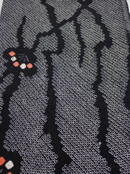 Photo4: 1K01z50  Japanese Kimono Silk SHIBORI FABRIC Plum branch Black 42.5x14.6 (4)