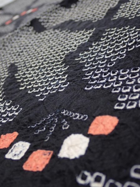 Photo5: 1K01z50  Japanese Kimono Silk SHIBORI FABRIC Plum branch Black 42.5x14.6 (5)