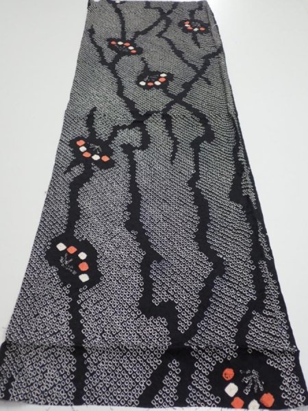 Photo1: 1K02z50  Japanese Kimono Silk SHIBORI FABRIC Plum branch Black 43.3x14.6 (1)