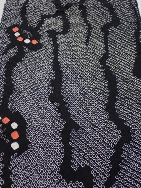 Photo2: 1K02z50  Japanese Kimono Silk SHIBORI FABRIC Plum branch Black 43.3x14.6 (2)