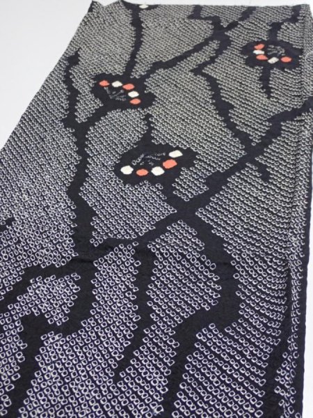 Photo4: 1K02z50  Japanese Kimono Silk SHIBORI FABRIC Plum branch Black 43.3x14.6 (4)