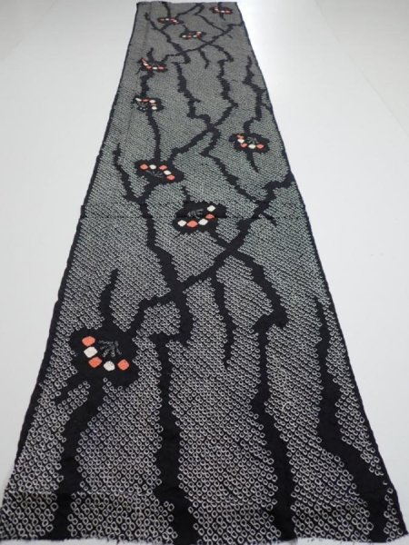 Photo1: 1K03z70  Japanese Kimono Silk SHIBORI FABRIC Plum branch Black 67.7x14.6 (1)