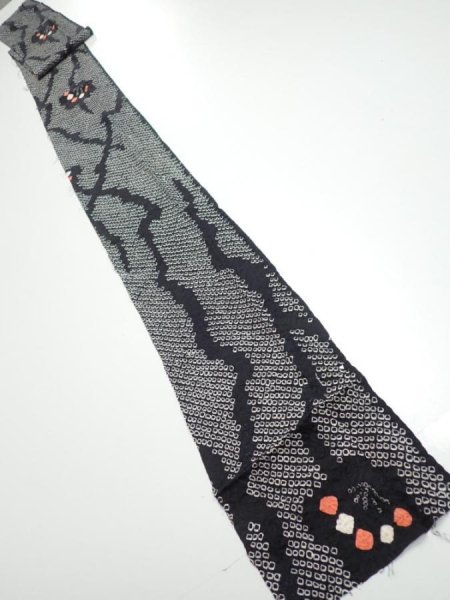 Photo1: 1K09z50  Japanese Kimono Silk SHIBORI FABRIC Plum branch Black 87.4x6.7 (1)