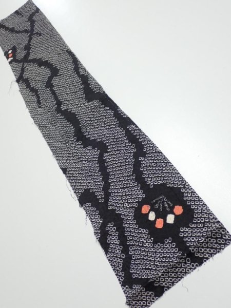 Photo1: 1K10z20  Japanese Kimono Silk SHIBORI FABRIC Plum branch Black 38.6x6.9 (1)