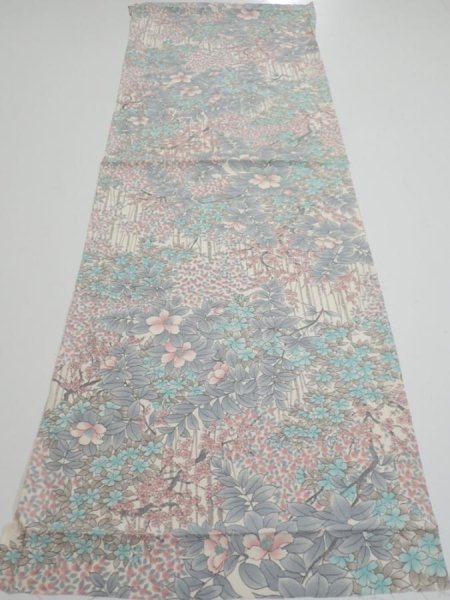 Photo5: 1K01z60  Japanese Kimono Silk  FABRIC Flowers Off-white 40.9x14.6 (5)